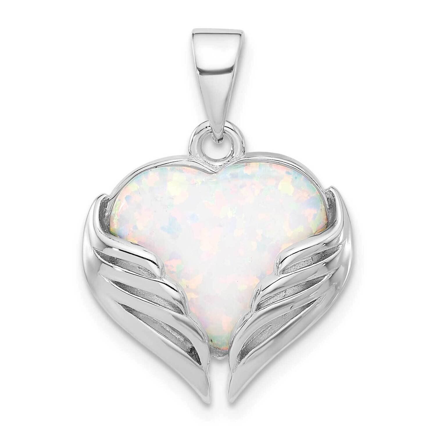White Created Opal Heart Wings Pendant Sterling Silver Rhodium-Plated QP5789, MPN: QP5789,