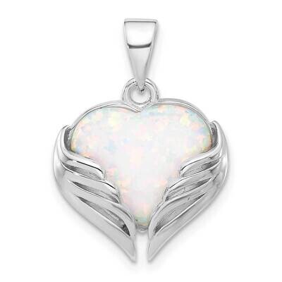 White Created Opal Heart Wings Pendant Sterling Silver Rhodium-Plated QP5789, MPN: QP5789,