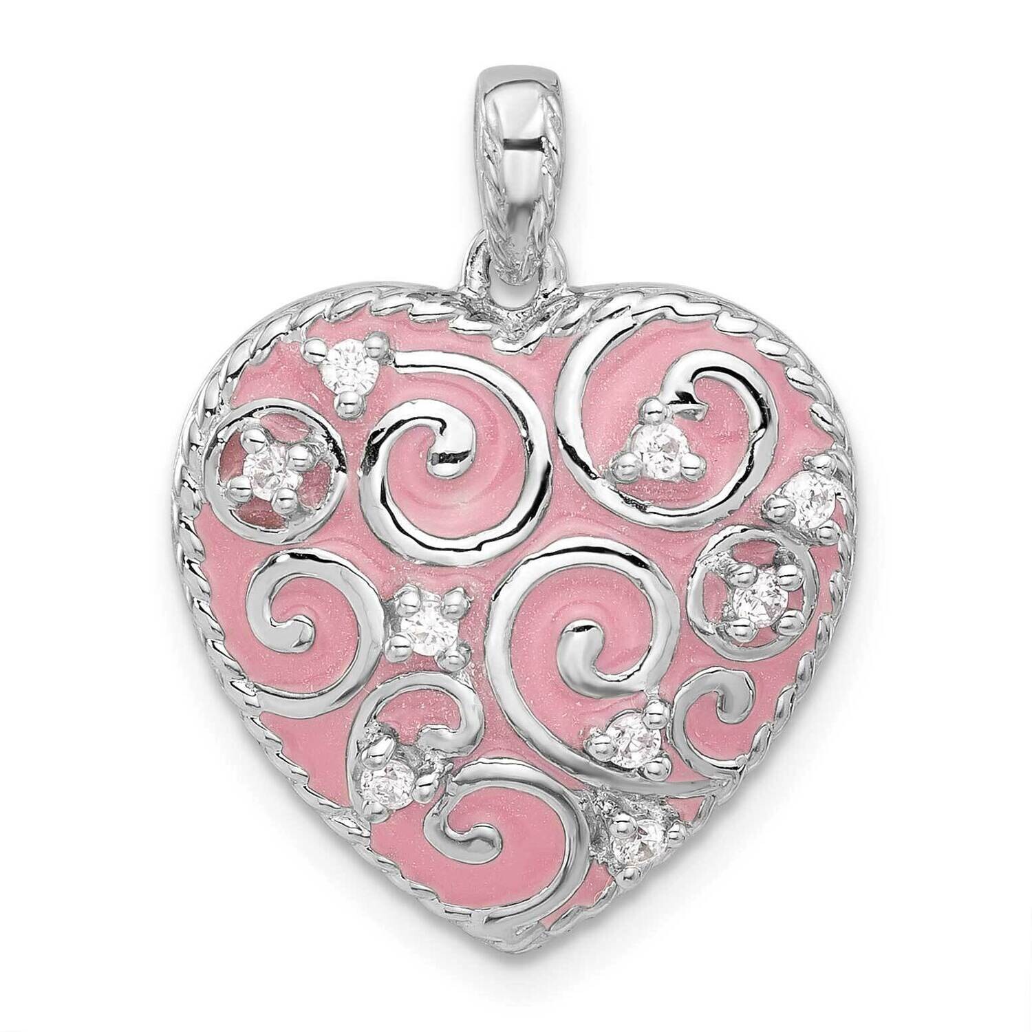 Polished Pink Enamel CZ Heart Pendant Sterling Silver Rhodium-Plated QP5739, MPN: QP5739,