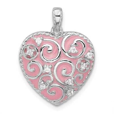 Polished Pink Enamel CZ Heart Pendant Sterling Silver Rhodium-Plated QP5739, MPN: QP5739,