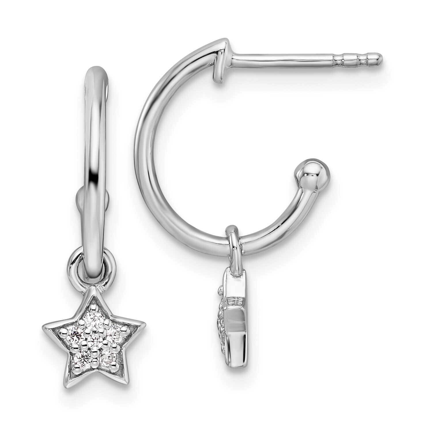 White Ice Diamond Star Dangle J-Hoop Post Earrings Sterling Silver Rhodium-Plated QW509
