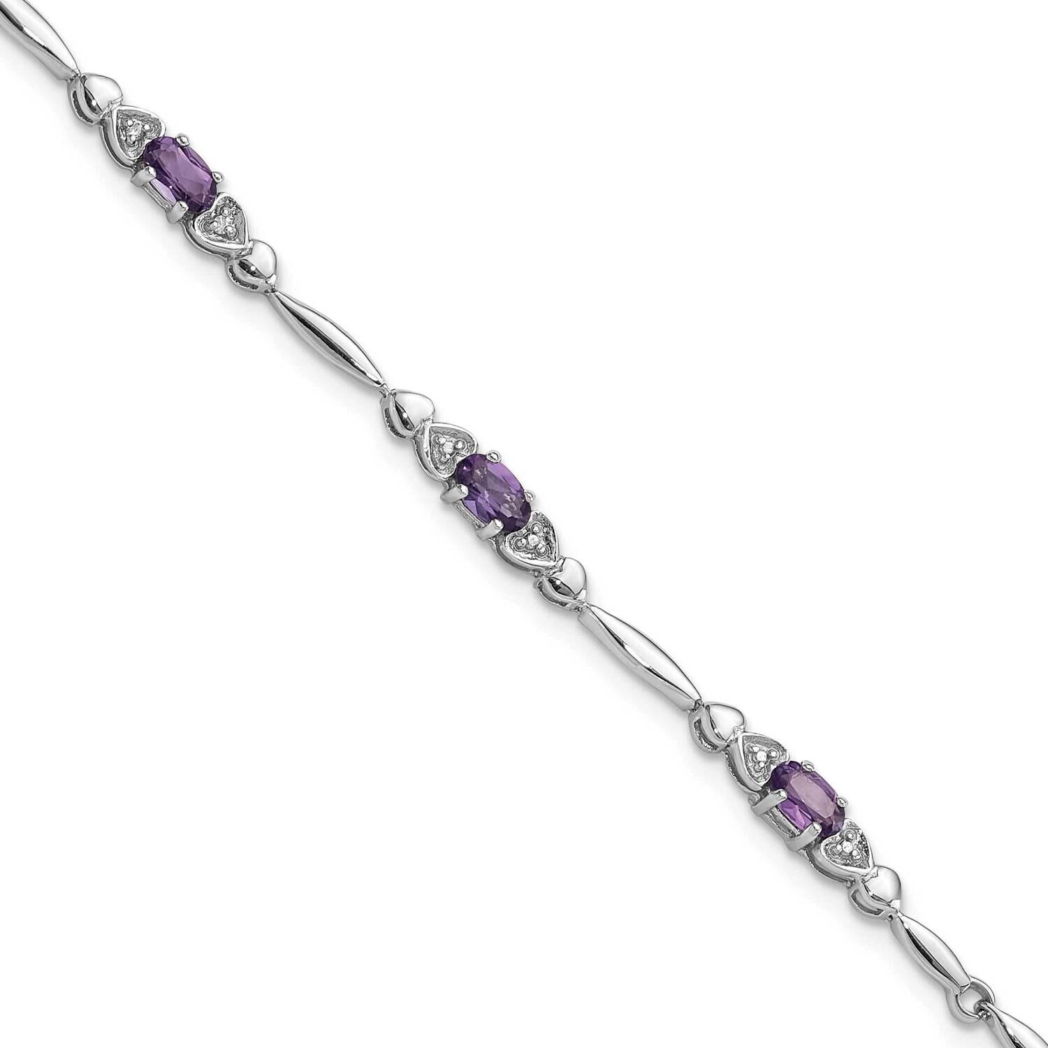 Rhodium-Plated Amethyst Diamond Heart 7.5 Inch Bracelet Sterling Silver QX995AM, MPN: QX995AM,