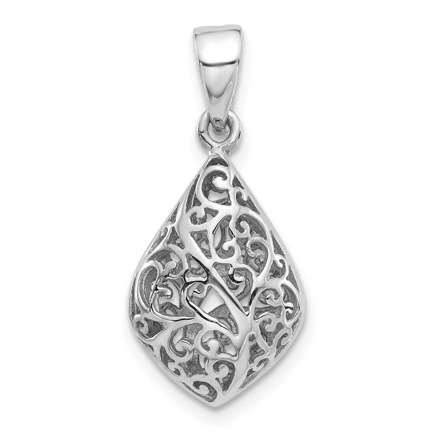 Polished Puffed Filigree Teardrop Pendant Sterling Silver Rhodium-Plated QP5732, MPN: QP5732,