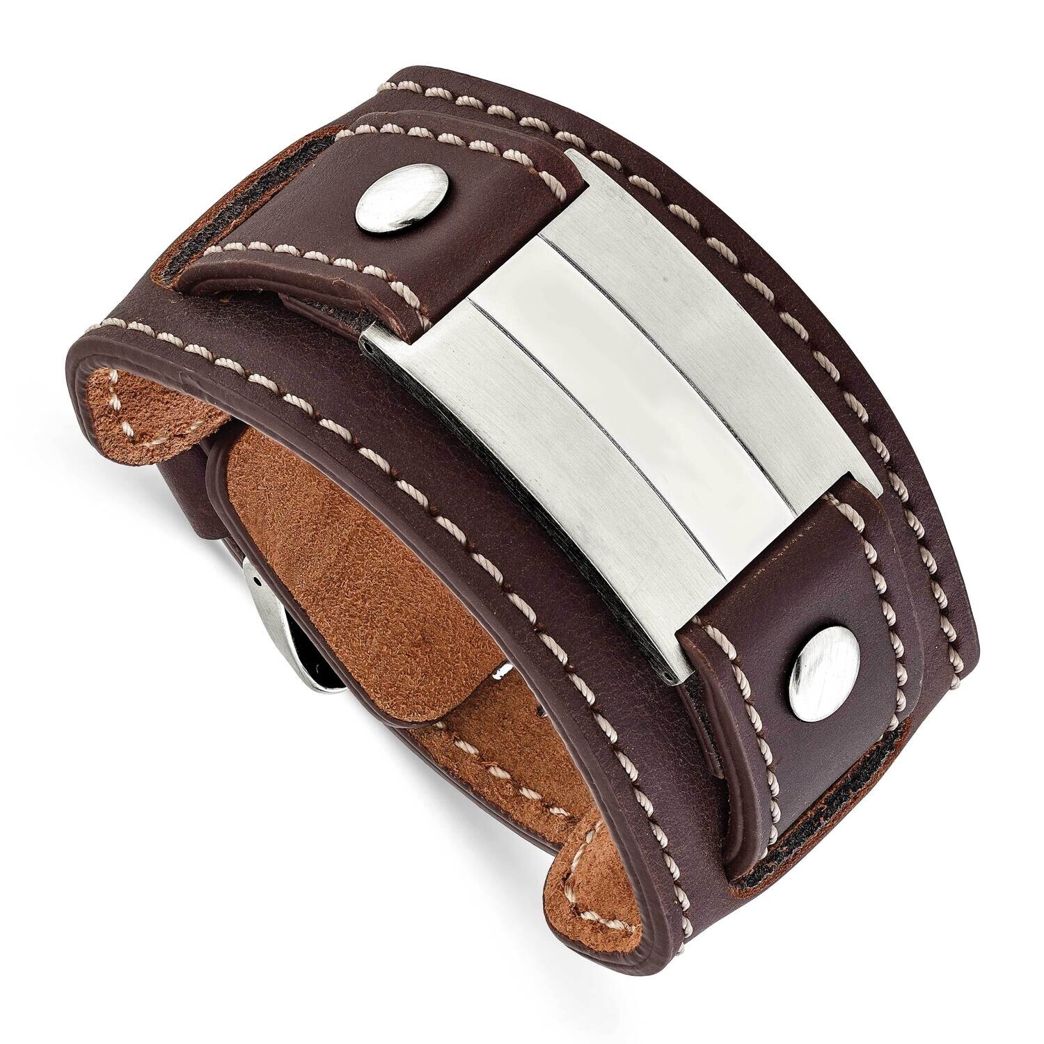 Brown Leather Brushed/Polished Buckle Bracelet 9 Inch Stainless Steel SRB1434-9 by Chisel, MPN: SRB…