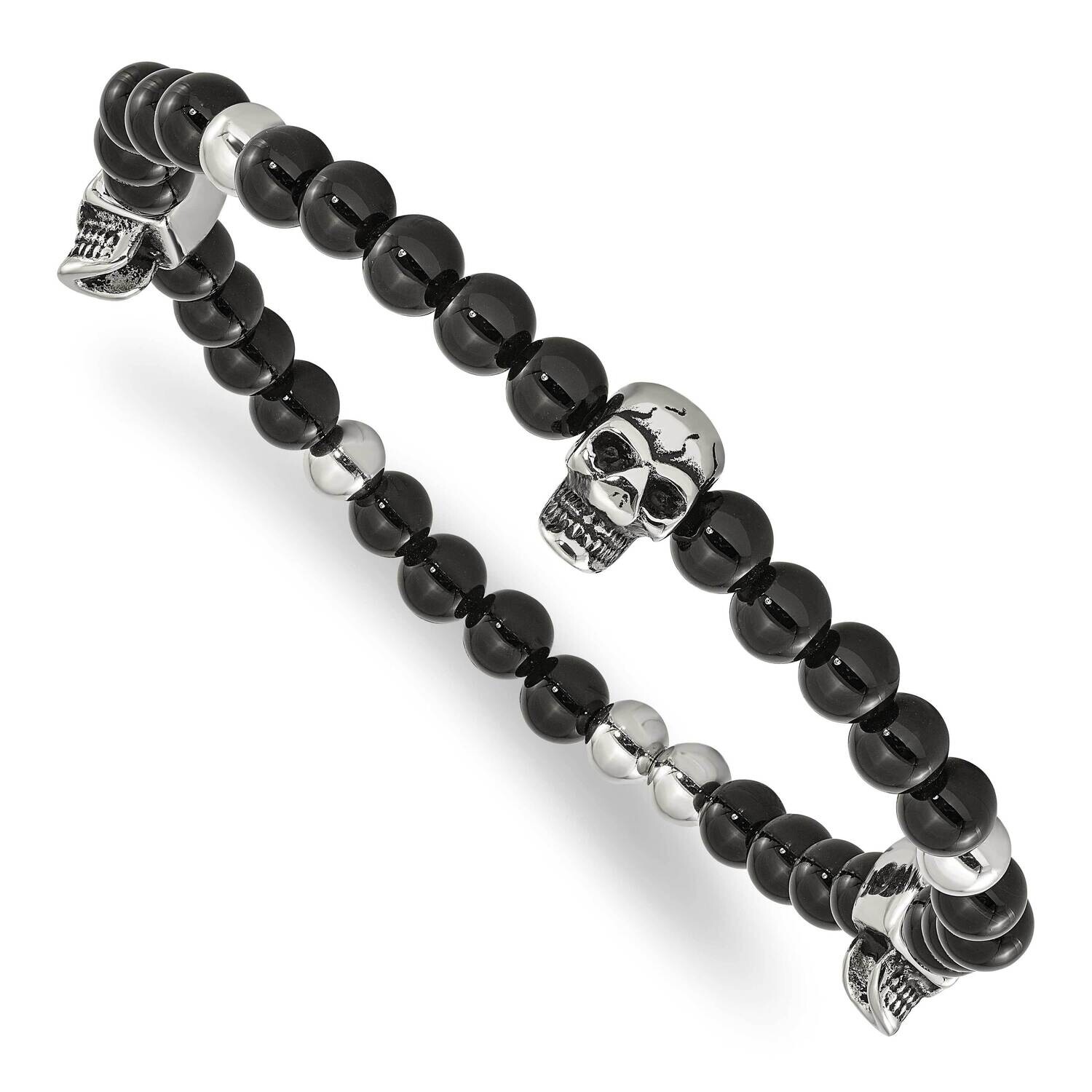 Chisel Antiqued Polished Black Agate Beaded Skulls Stretch Bracelet 8.25 Inch Stainless Steel SRB31…
