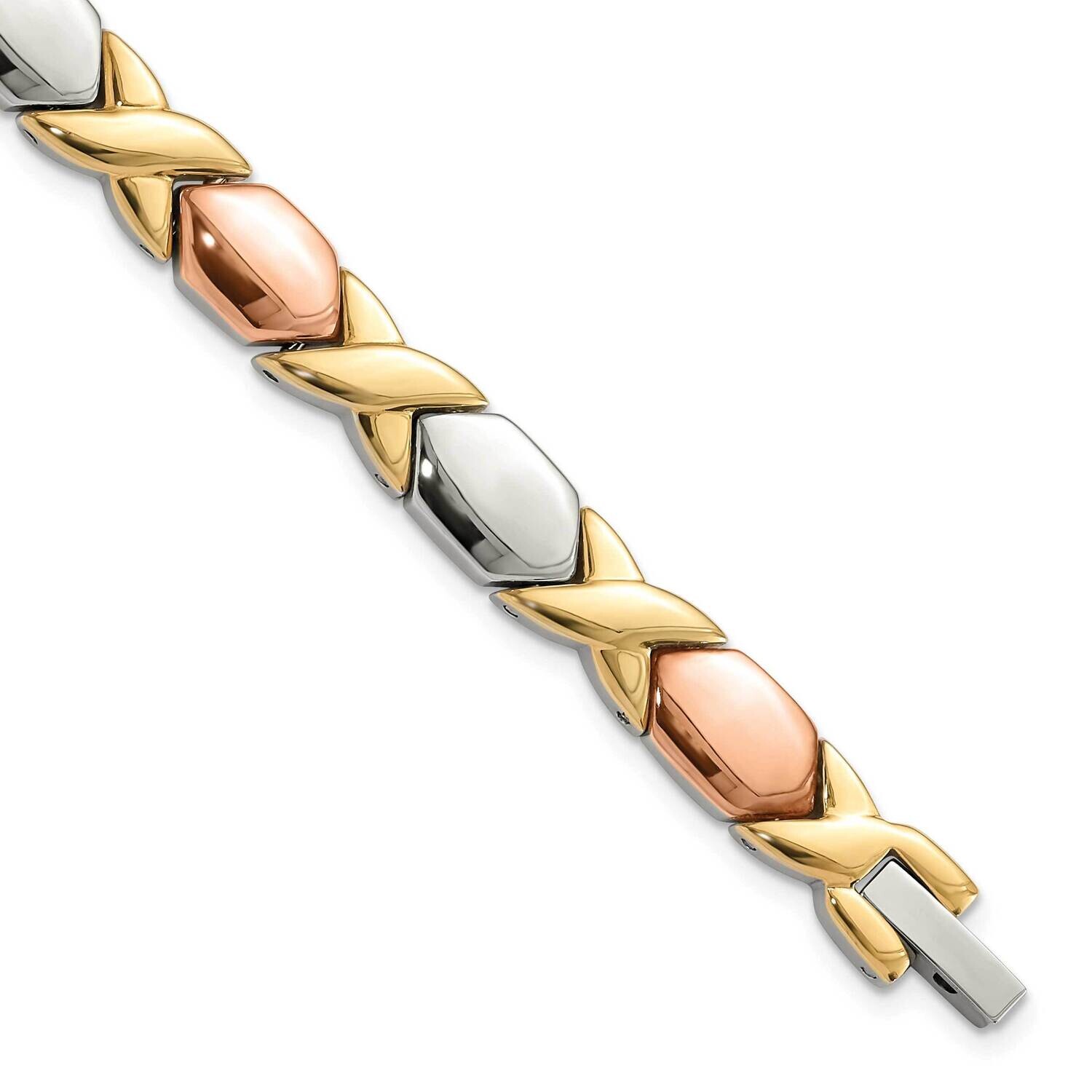 Gold-Tone &amp; Rose-Tone Ip-Plated Fancy X Bracelet 7.5 Inch Stainless Steel SRB267-7.5