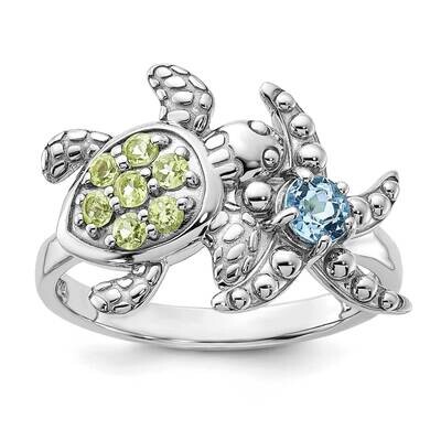 Rh-Plated Peridot Lt Swiss Blue Topaz Turtle Starfish Sterling Silver QR7442PE-6, MPN: QR7442PE-6,