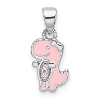 Rh-Plated Pink Enamel &amp; CZ Dinosaur Children&#39;s Pendant Sterling Silver QP5857, MPN: QP5857,