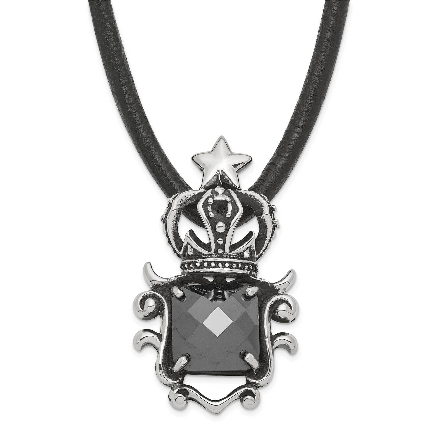 Antiqued Star Crown Black Glass Necklace Stainless Steel SRN1144-20 by Chisel, MPN: SRN1144-20, 886…