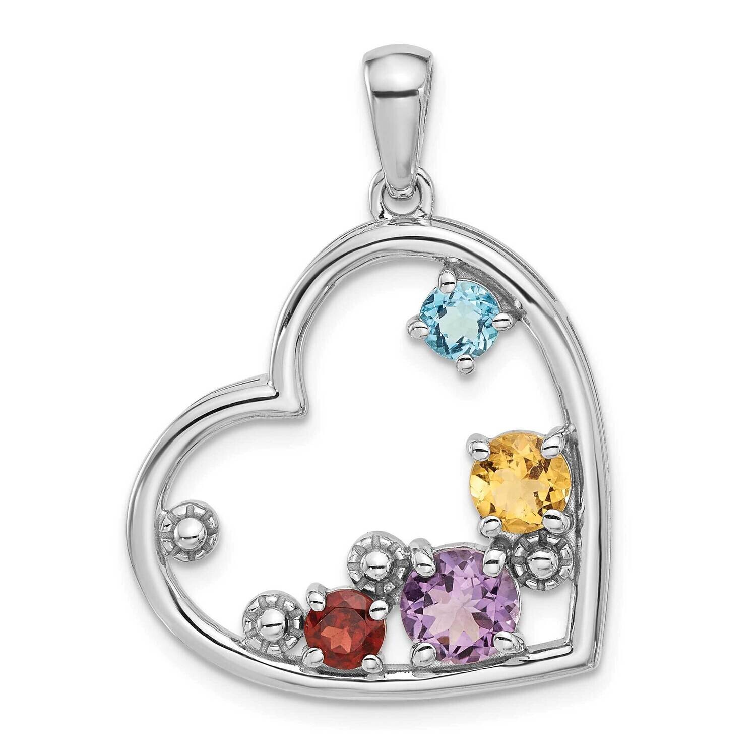 Rainbow Multi Gemstone Heart Pendant Sterling Silver Rhodium-Plated QP5891, MPN: QP5891,