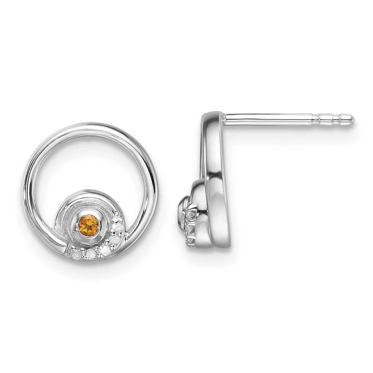 Rh Plated White Ice .03Ct. Diamond Citrine Post Earrings Sterling Silver QW372CI, MPN: QW372CI,