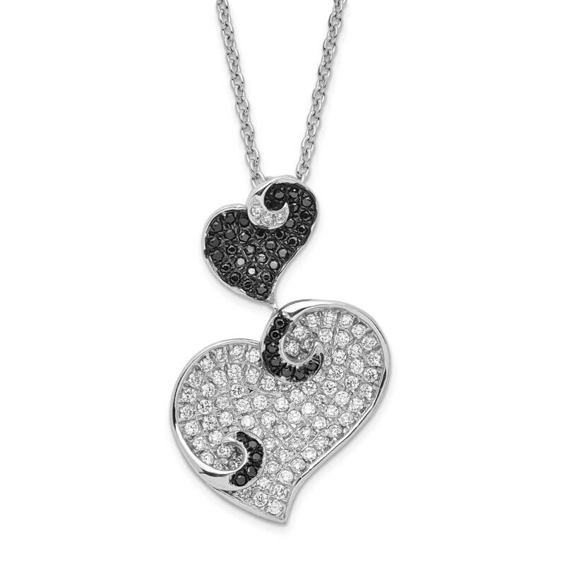 Black & Clear CZ Brilliant Embers Hearts Necklace Sterling Silver QMP486-18