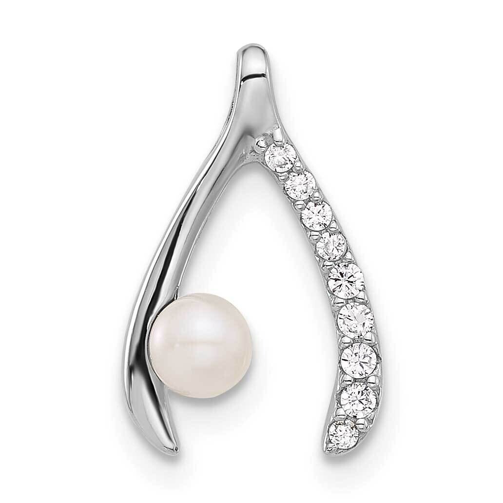 Rh-Plated Fwc Pearl CZ Wishbone Chain Slide Pendant Sterling Silver QP5773, MPN: QP5773,