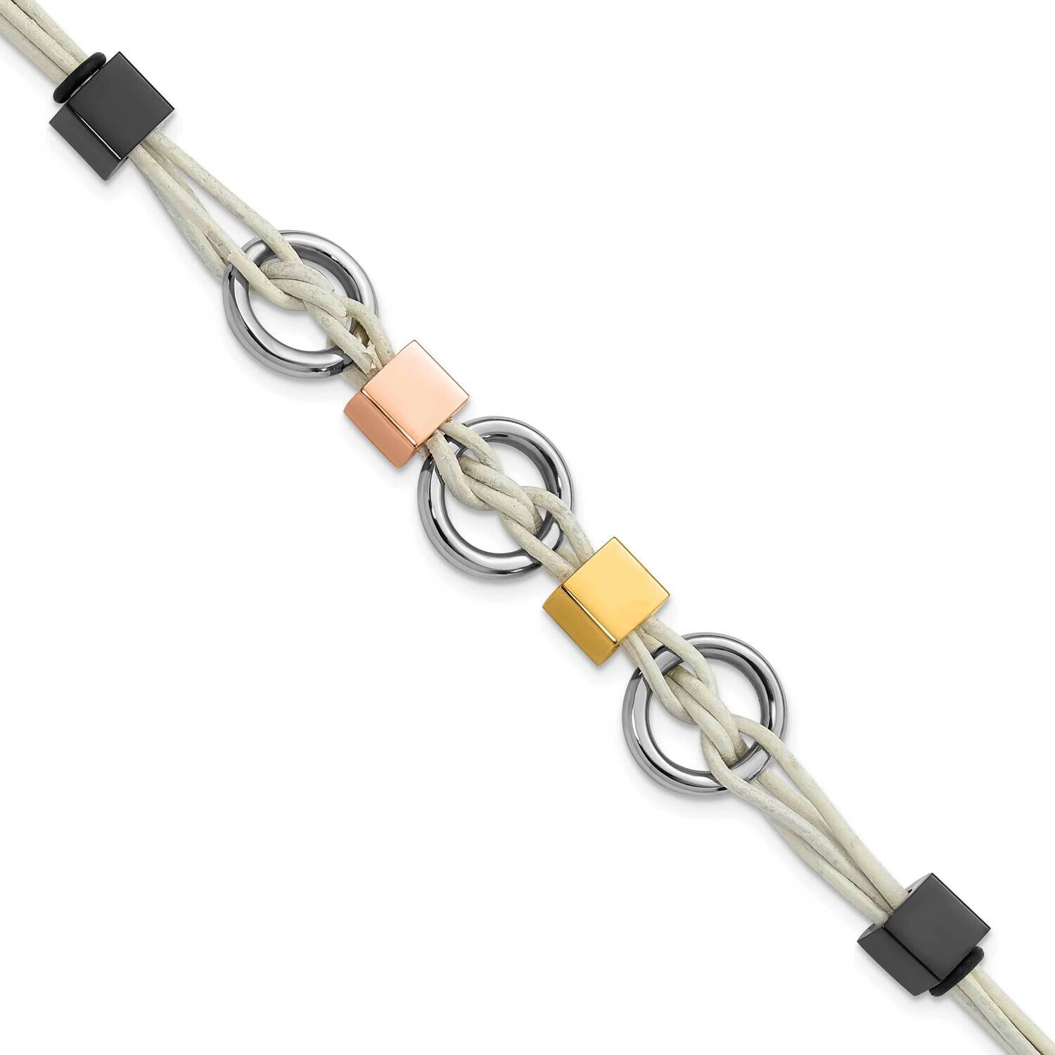 Multi Ip-Plated Beads &amp; White Leather .75 Inch Extension Bracelet Stainless Steel SRB1034-8.25 by C…
