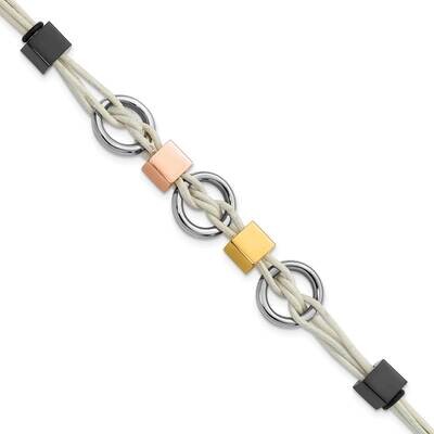 Multi Ip-Plated Beads &amp; White Leather .75 Inch Extension Bracelet Stainless Steel SRB1034-8.25 by C…