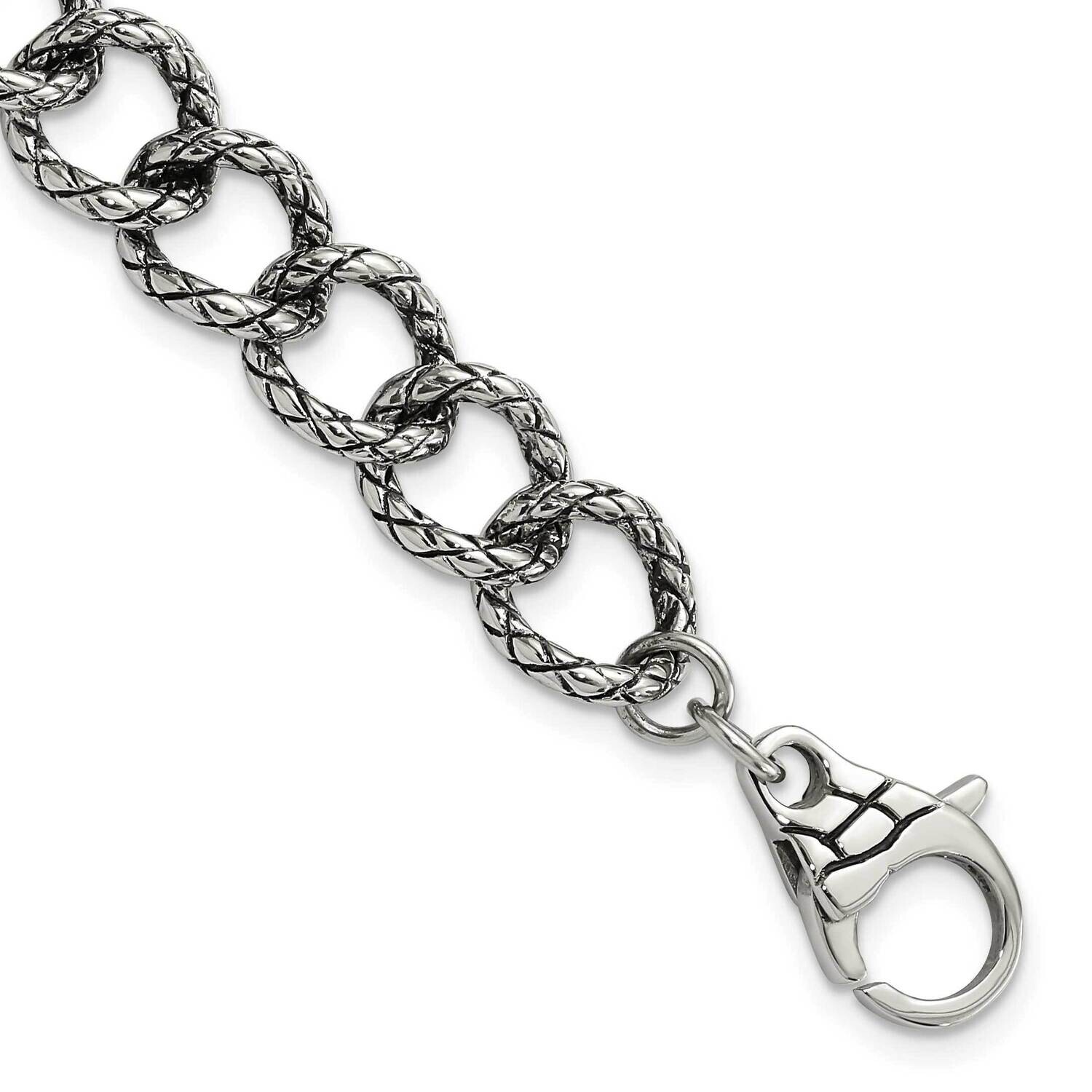 Polished & Antiqued Textured Link Bracelet 9 Inch Stainless Steel SRB1294-9