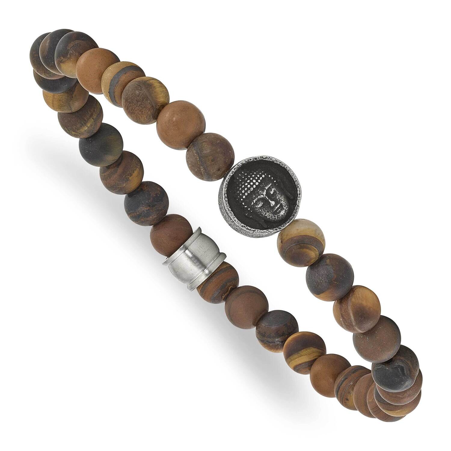 Chisel Antiqued Brushed Buddha 6.5mm Tiger&#39;s Eye Beaded Stretch Bracelet 7 Inch Stainless Steel SRB…