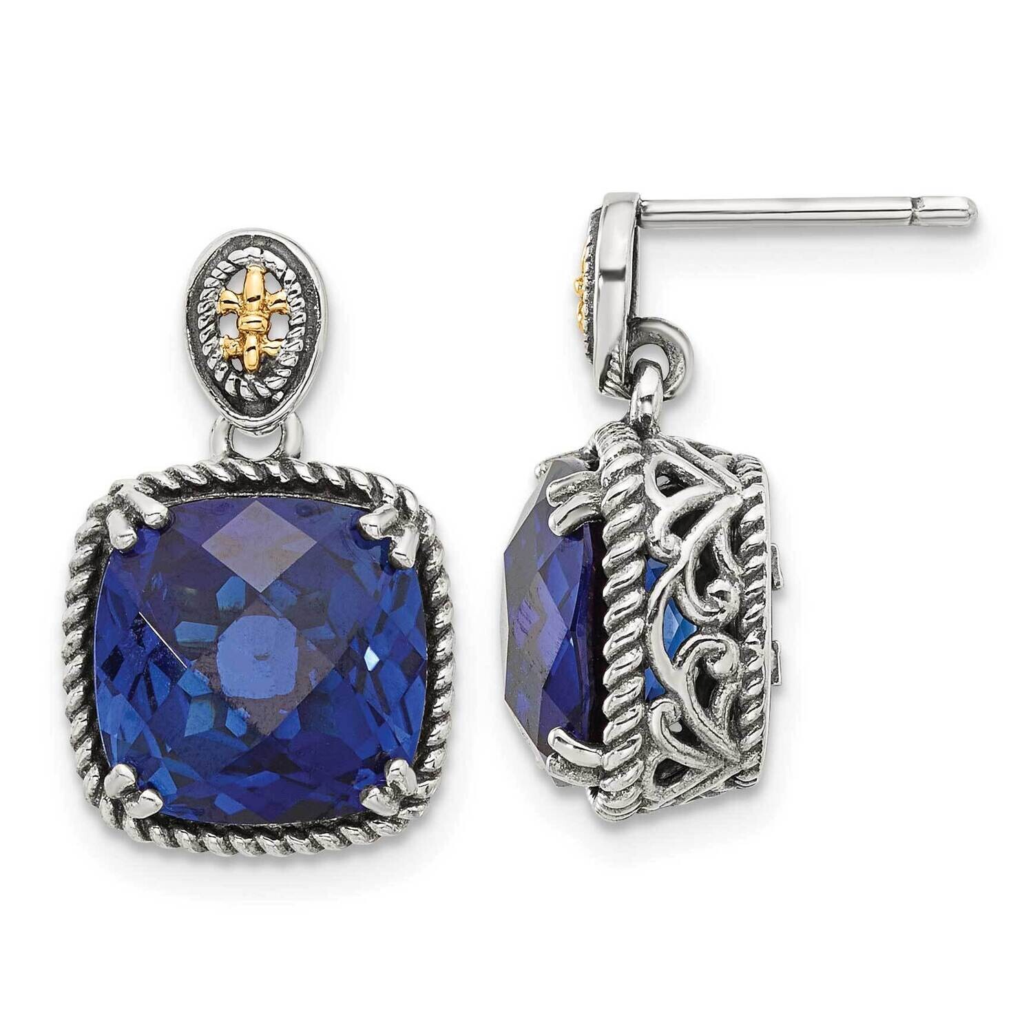 Shey Couture Accent Lab Created Checkerboard Sapphire Drop Post Earrings Sterling Silver Antiqued 14k QTC1819