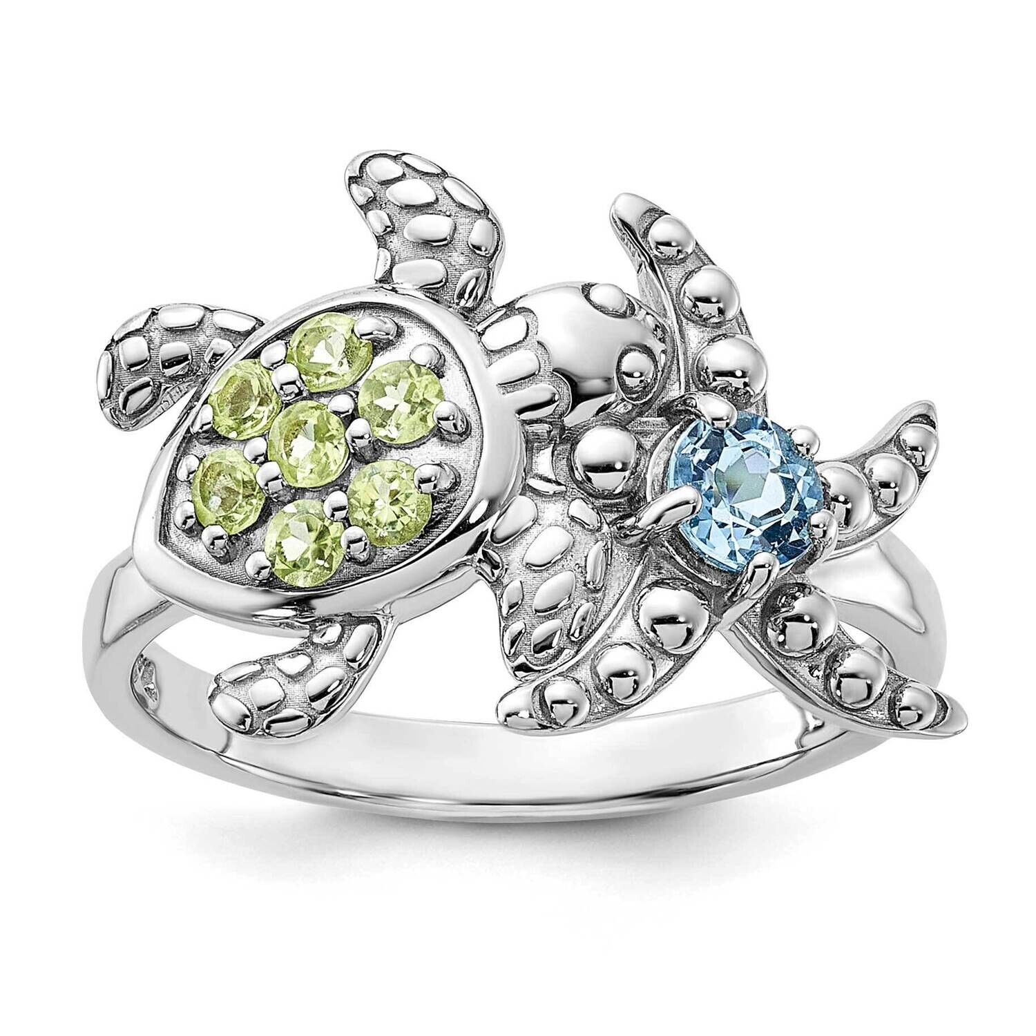 Rh-Plated Peridot Lt Swiss Blue Topaz Turtle Starfish Sterling Silver QR7442PE-8, MPN: QR7442PE-8,