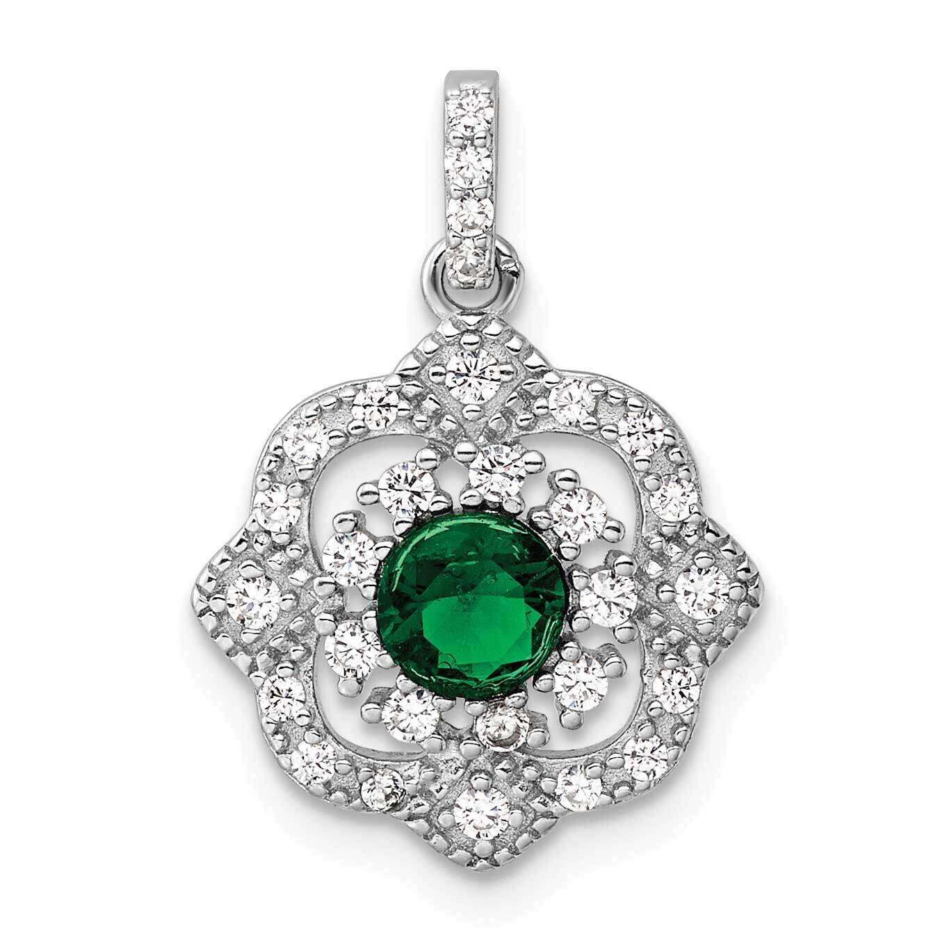 Rh-Pltd Green Glass &amp; Clear CZ Fancy Vintage Pendant Sterling Silver QP5822, MPN: QP5822,
