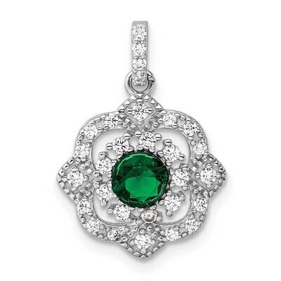 Rh-Pltd Green Glass &amp; Clear CZ Fancy Vintage Pendant Sterling Silver QP5822, MPN: QP5822,