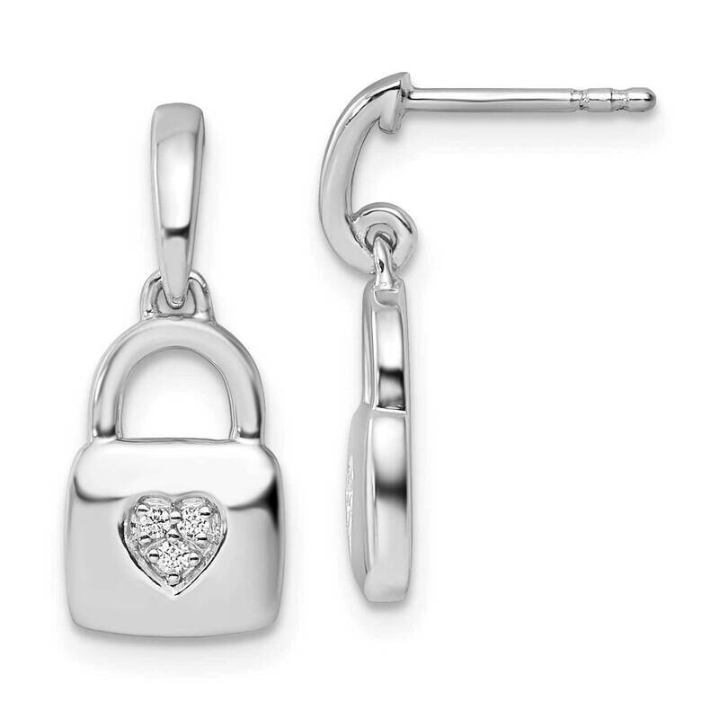 White Ice Diamond Heart Lock Dangle Post Earrings Sterling Silver Rhodium-Plated QW526