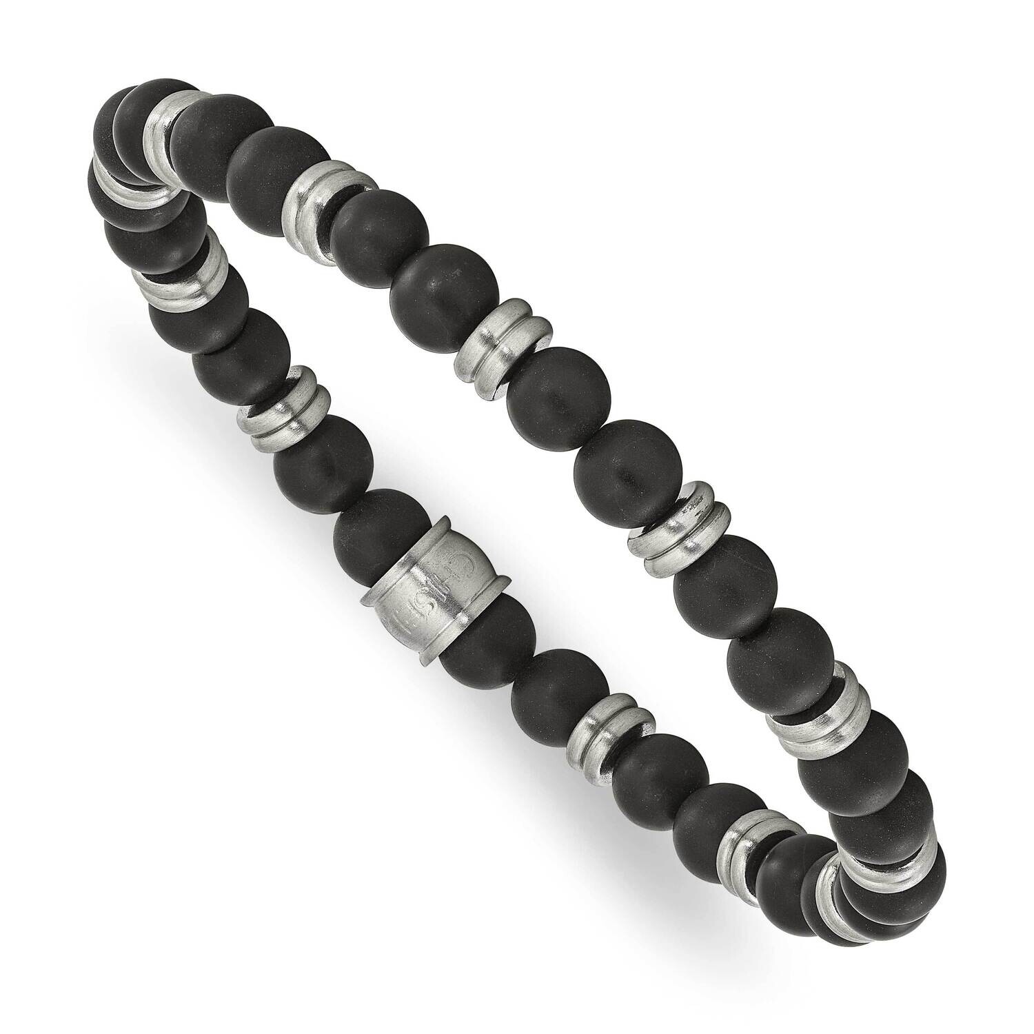 Chisel Brushed 6.5mm Black Agate Beaded Stretch Bracelet 6.75 Inch Stainless Steel SRB3131