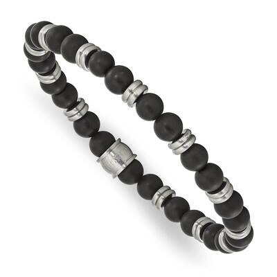 Chisel Brushed 6.5mm Black Agate Beaded Stretch Bracelet 6.75 Inch Stainless Steel SRB3131 by Men&#39;s…