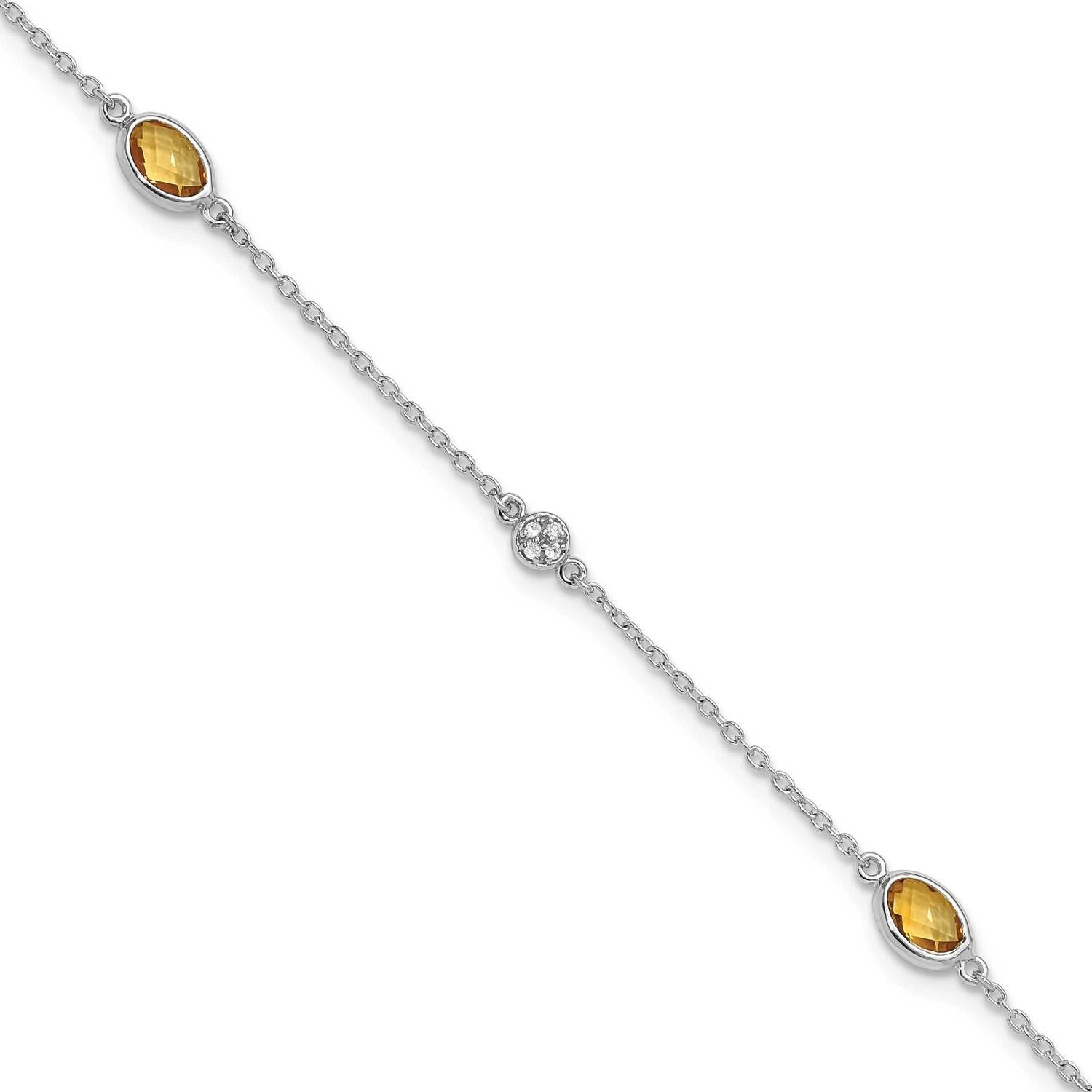 Rh Plated White Ice Diamond Citrine 1.25 In Extension Bracelet 7.5 Inch Sterling Silver QW368CI-7.5…