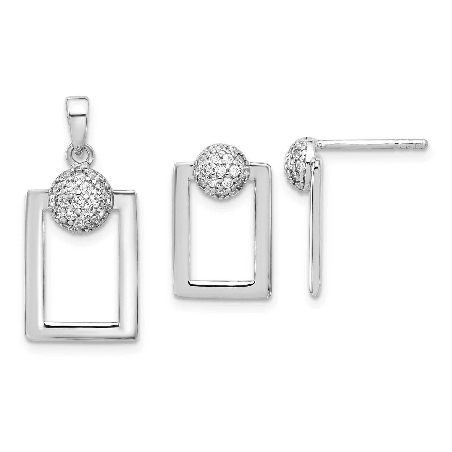 Rh-Plated Micro Pave CZ Rectangle Earrings Pendant Set Sterling Silver QST278, MPN: QST278,