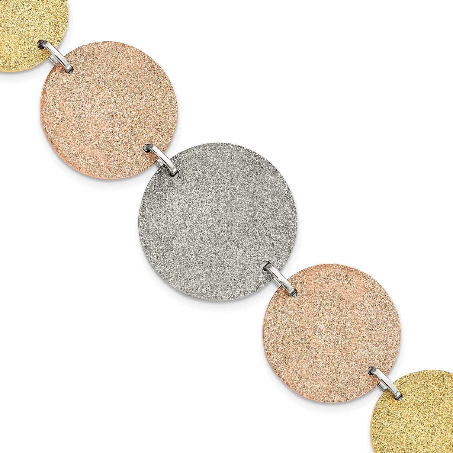 Tri-Color Ip-Plated Lasercut Discs Bracelet 8 Inch Stainless Steel SRB826-8 by Chisel, MPN: SRB826-…