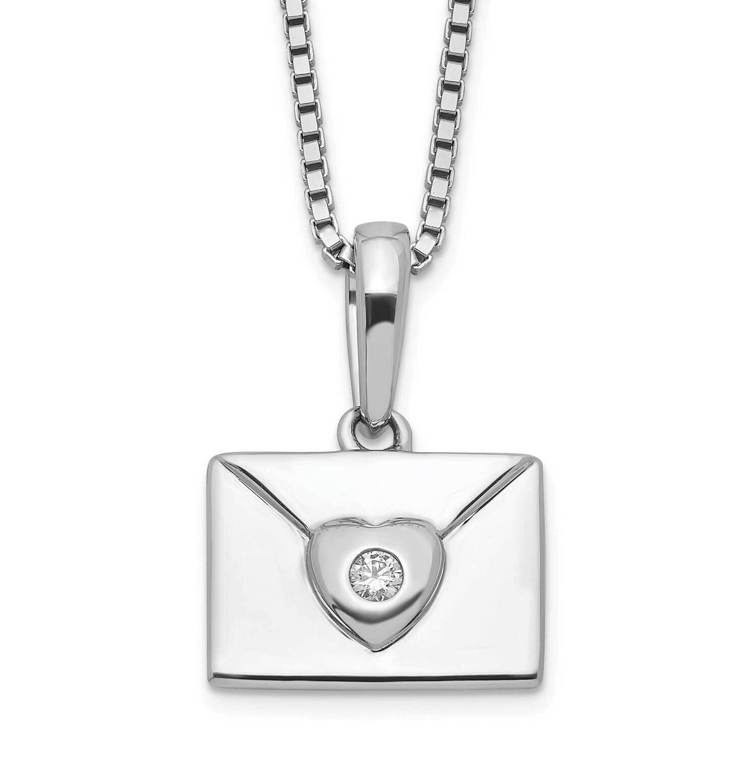 White Ice 18 Inch Diamond Heart Envelope Necklace 2 Inch Extender Sterling Silver Rhodium-Plated QW529-18