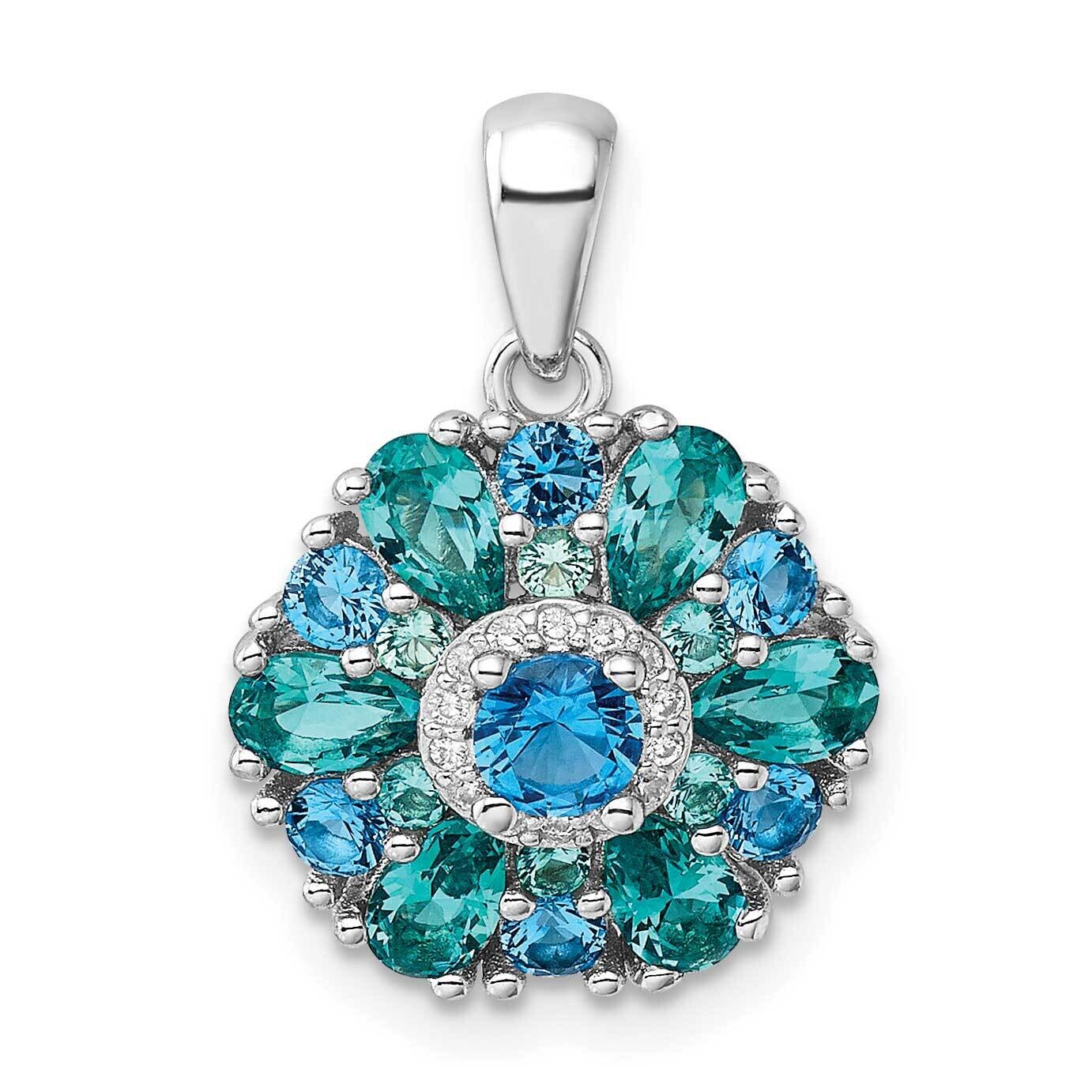 Blue Green Nano Crystal &amp; CZ Floral Pendant Sterling Silver Rhodium-Plated QP5827, MPN: QP5827,