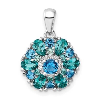 Blue Green Nano Crystal &amp; CZ Floral Pendant Sterling Silver Rhodium-Plated QP5827, MPN: QP5827,