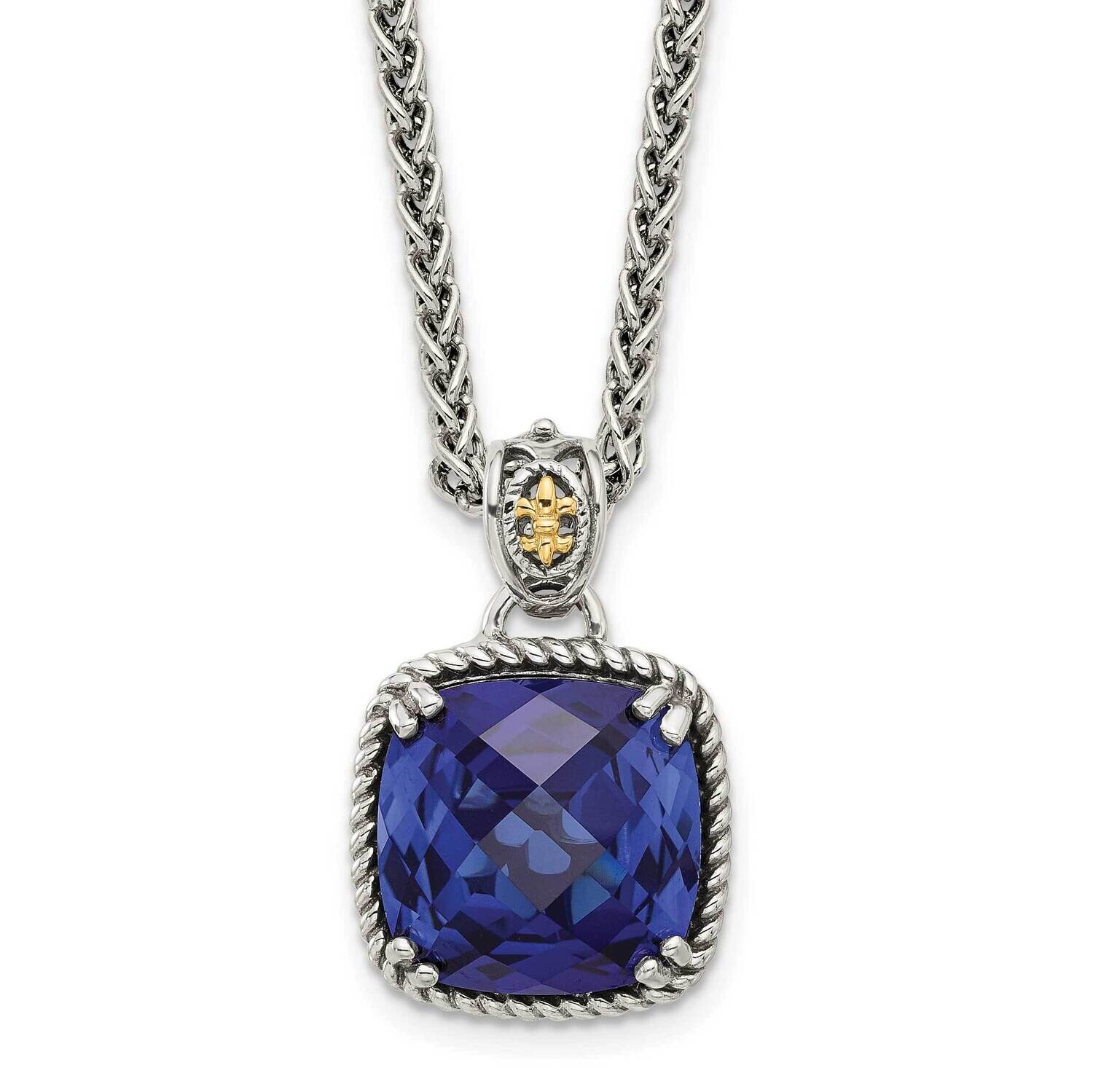 Shey Couture Sterling Silver Lab Created Checkerboard Cushion Sapphire 18 Inch Necklace 14k Gold QT…