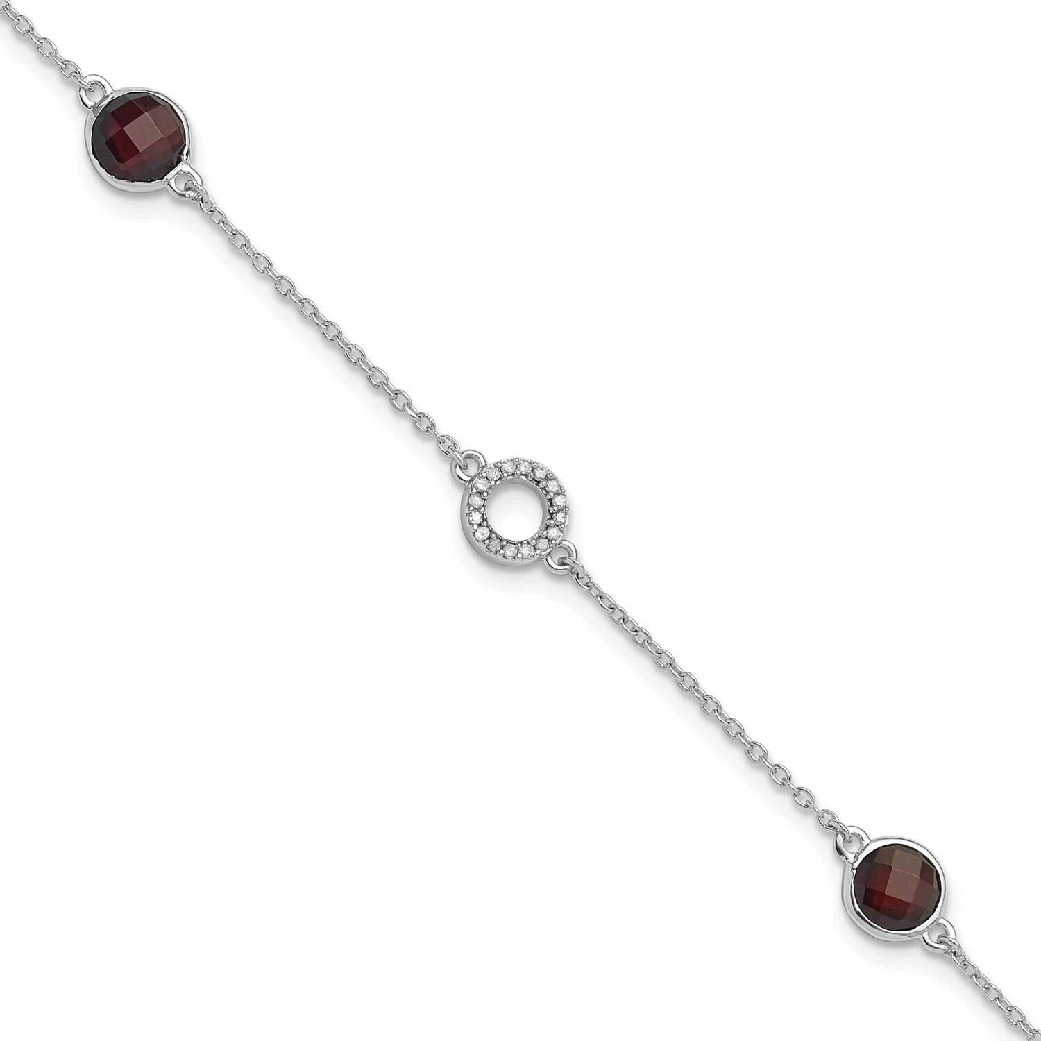 Rh Plated White Ice Diamond &amp; Garnet 1 Inch Extender Bracelet Sterling Silver QW361GA-7.25, MPN: QW…