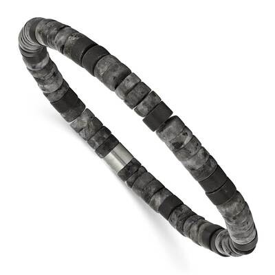 Chisel Brushed Spectrolite Black Agate Beaded Stretch Bracelet 7.5 Inch Stainless Steel SRB3126 by …
