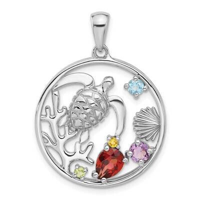 Rainbow Multi-Gemstone Sea Turtle Pendant Sterling Silver Rhodium-Plated QP5889, MPN: QP5889,