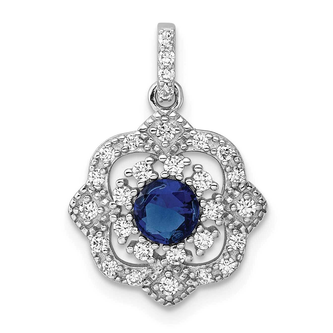 Rh-Pltd Blue Glass &amp; Clear CZ Fancy Vintage Pendant Sterling Silver QP5821, MPN: QP5821,