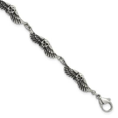 Antiqued Skulls Wings Bracelet 7.75 Inch Stainless Steel SRB1488-7.75 by Chisel, MPN: SRB1488-7.75,…