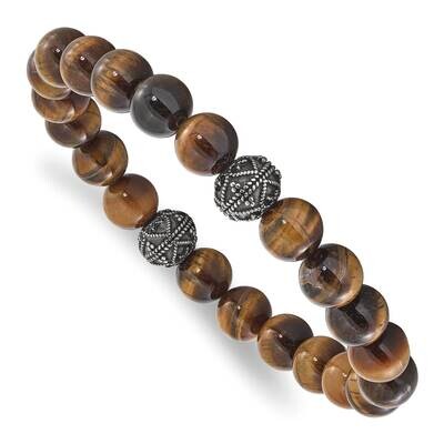 Chisel Antiqued Polished 10mm Tiger&#39;s Eye Stretch Bracelet 8 Inch Stainless Steel SRB3097 by Chisel…