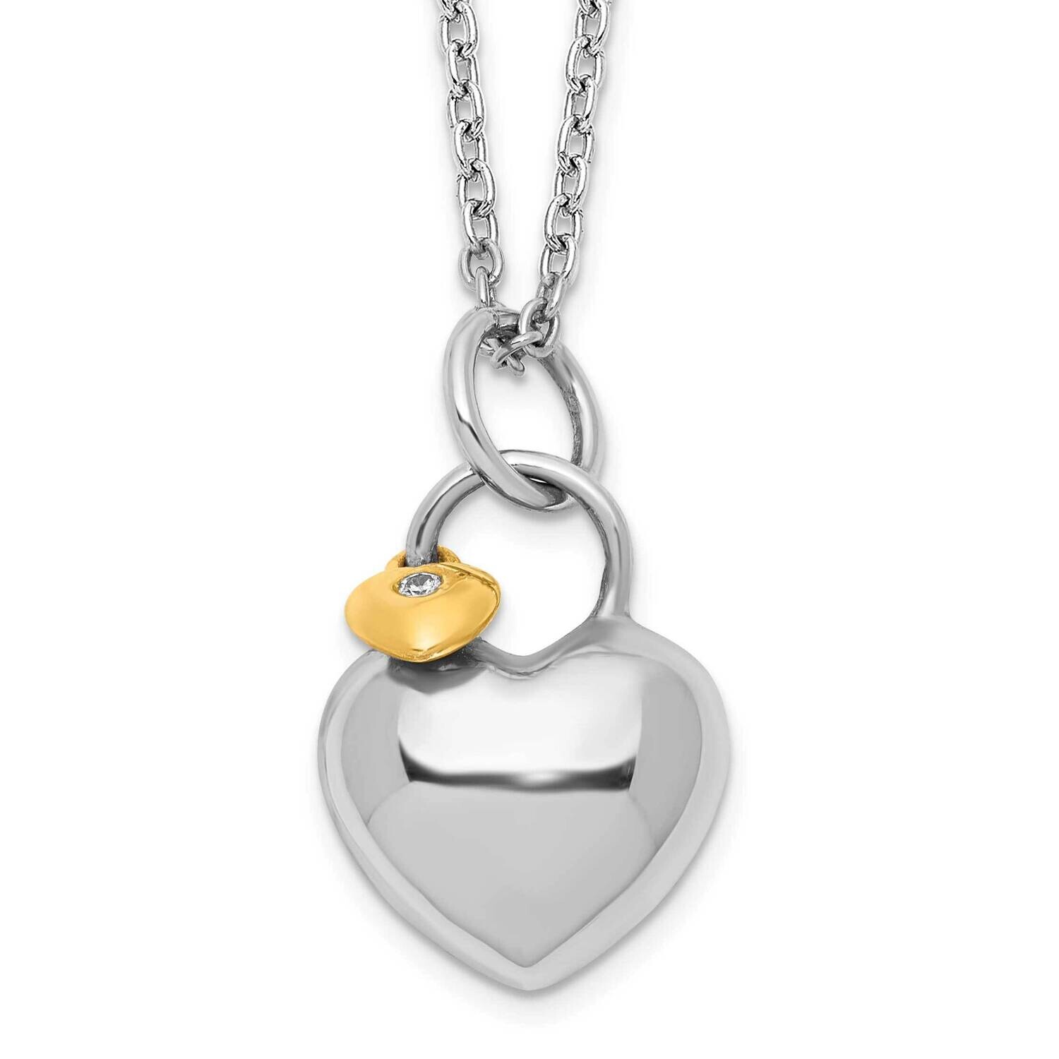 White Ice Gold-Tone 18 Inch Diamond Double Heart Necklace 2 Inch Extender Sterling Silver Rhodium-Plated QW406-18