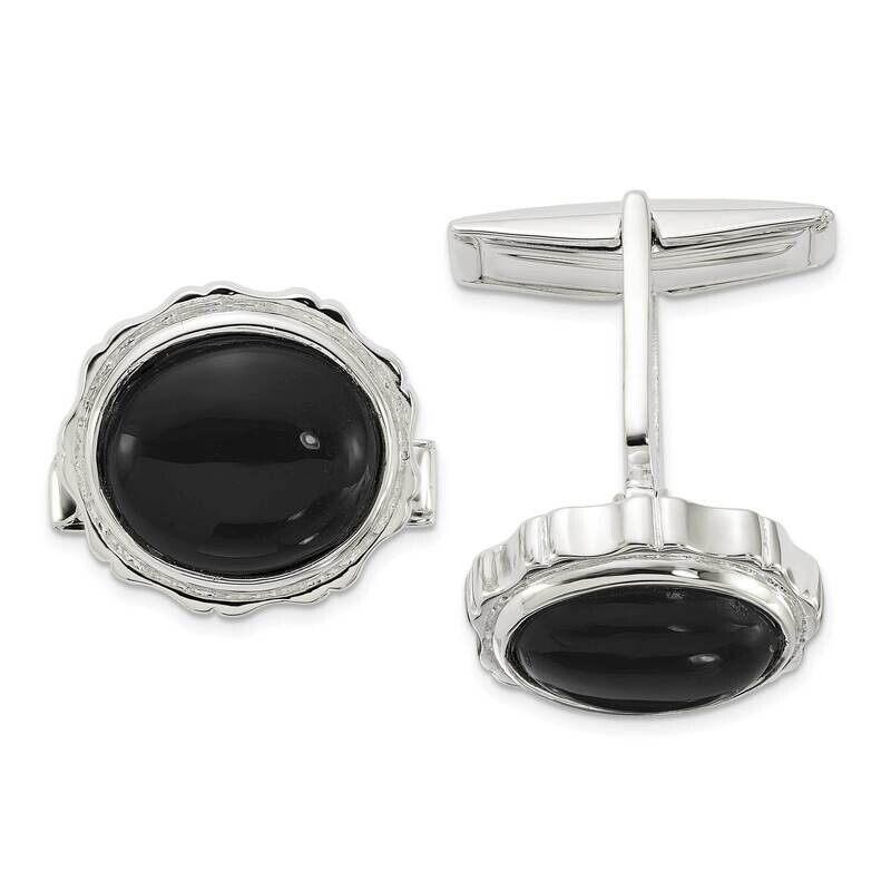 Round Textured Sides Onyx Cuff Links Sterling Silver Polished QQ648