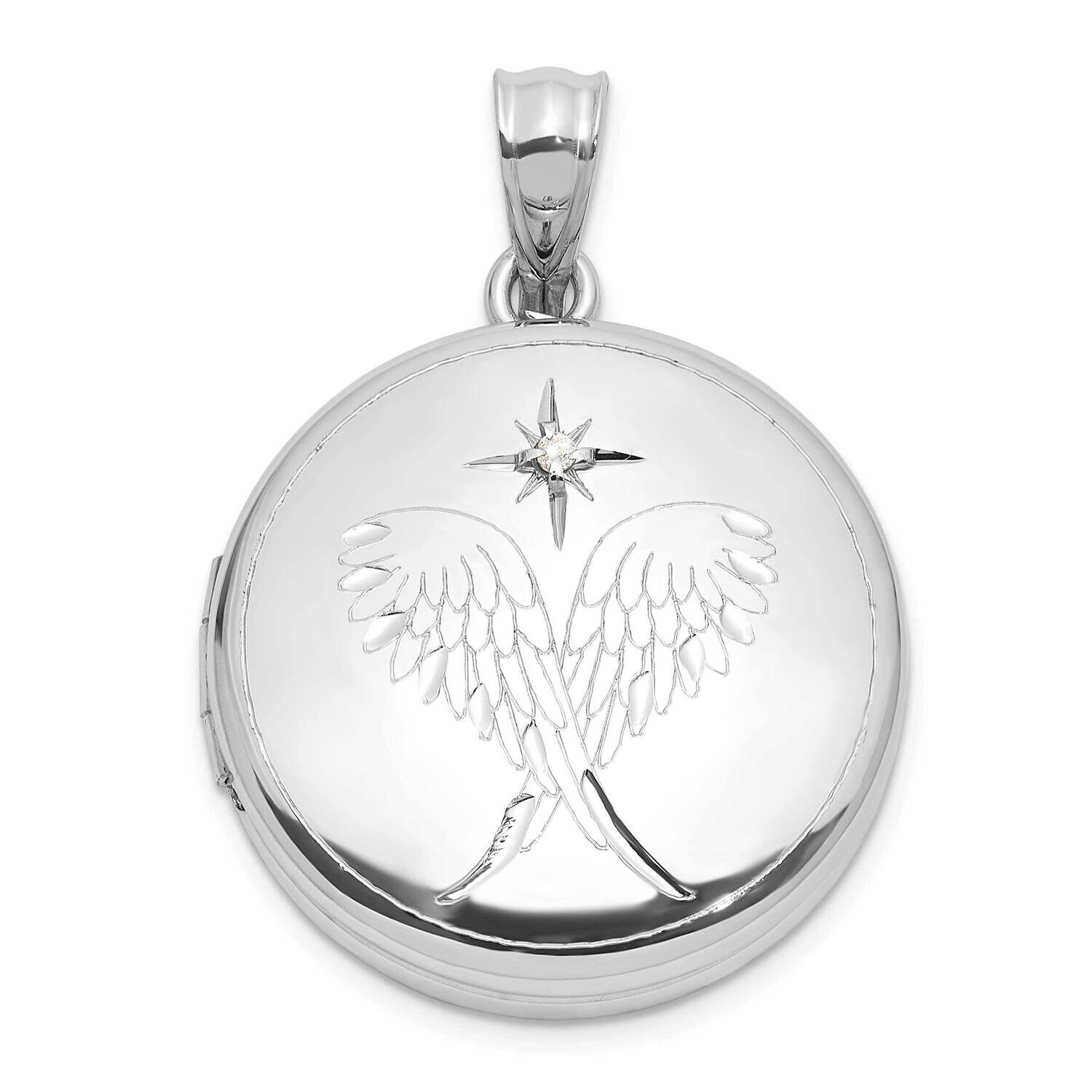 Rh-Plated Diamond Star 20mm Angel Wings Round Locket Sterling Silver QLS1167, MPN: QLS1167,