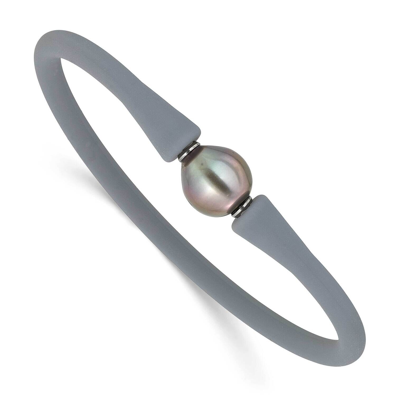 10-11mm Black Tahitian Pearl Grey Silicone Bracelet 7.75 Inch Stainless Steel SRB1854GR, MPN: SRB18…