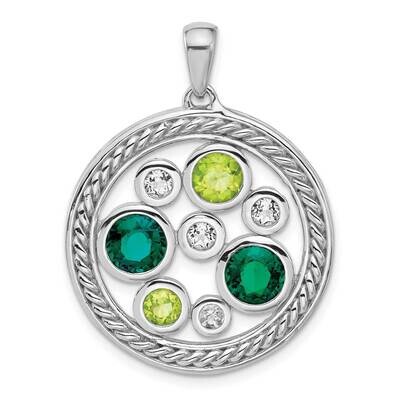 Rhodium Cr. Emerald Peridot White Topaz Circle Pendant Sterling Silver QP5898PE, MPN: QP5898PE,