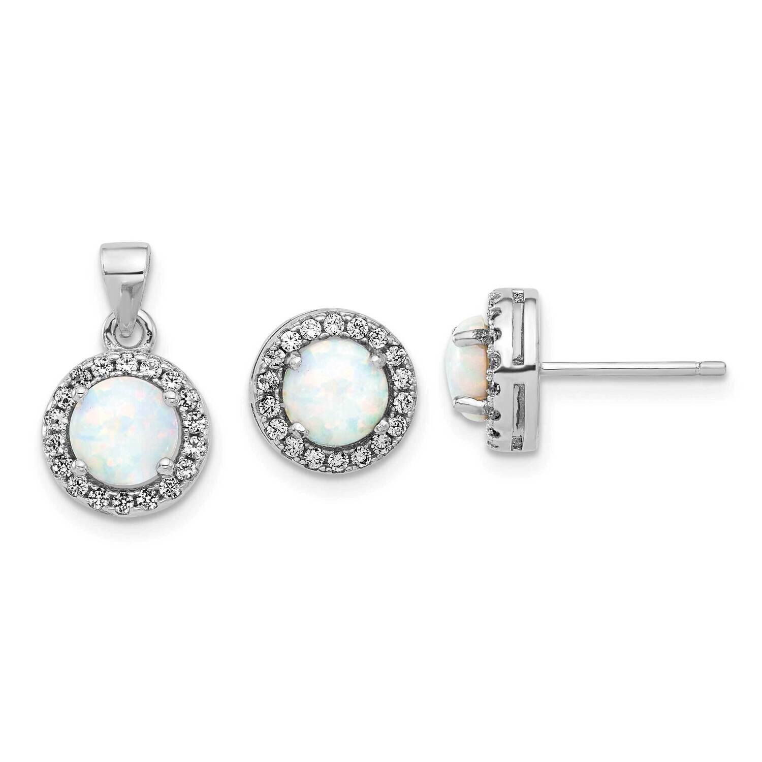 Rh-Plated CZ Created Opal Halo Pendant Earring Set Sterling Silver QST277, MPN: QST277,