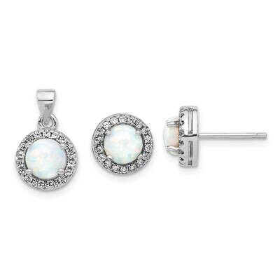 Rh-Plated CZ Created Opal Halo Pendant Earring Set Sterling Silver QST277, MPN: QST277,