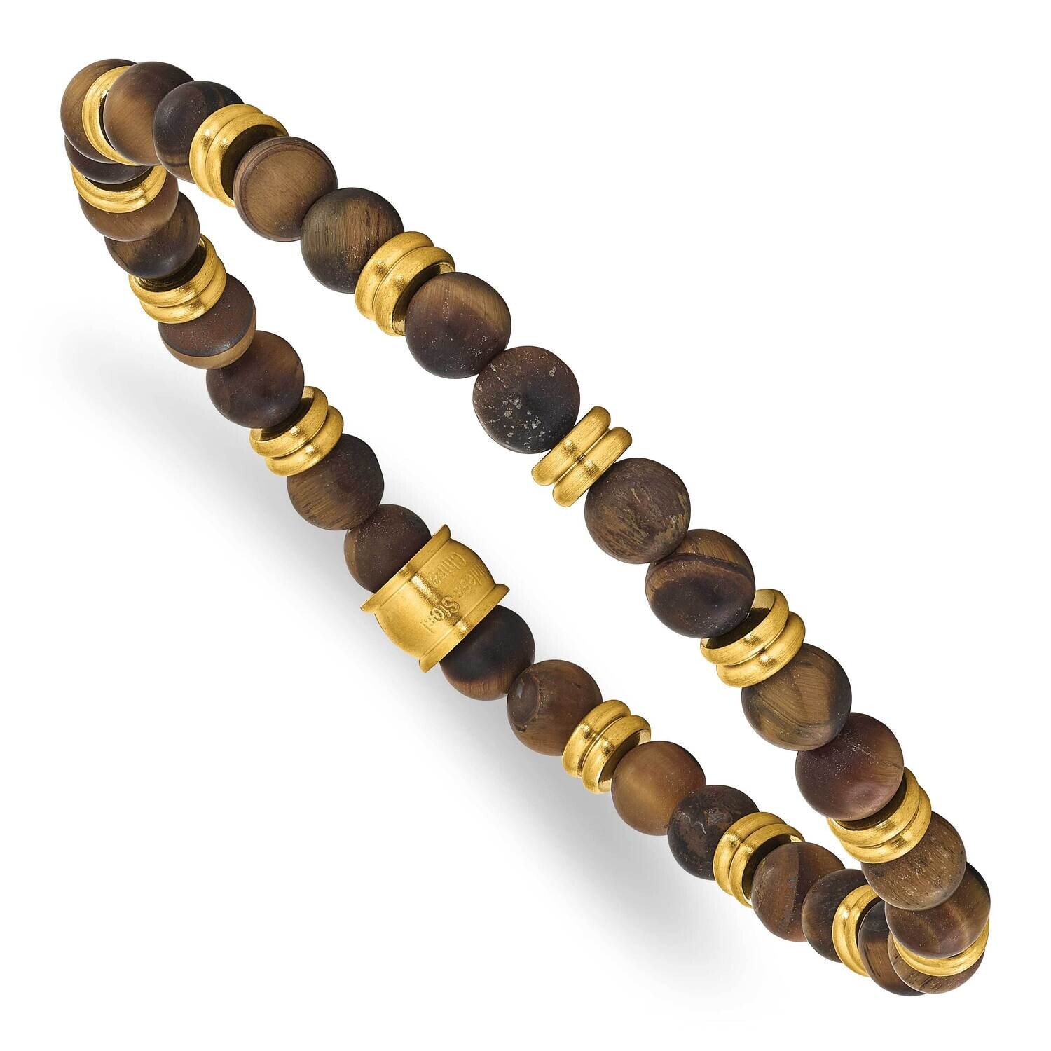 Chisel Brushed Yellow Ip-Plated 6.5mm Tiger&#39;s Eye Beaded Stretch Bracelet 7.5 Inch Stainless Steel …