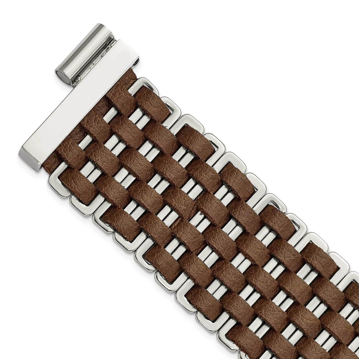 Polished Woven Brown Leather Bracelet 7 Inch Stainless Steel SRB1566-7 by Chisel, MPN: SRB1566-7, 1…